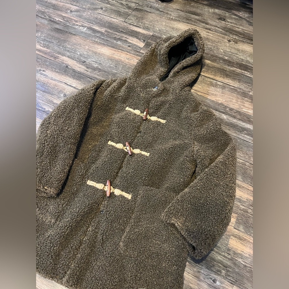 Zara Olive Green Sherpa Toggle Hooded Coat